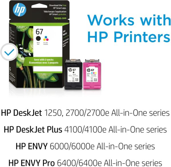 HP 67 Black/Tri-color Ink Cartridges (2 Pack) | Works with HP DeskJet 1255, 2700, 4100 Series, HP ENVY 6000, 6400 Series | Eligible for Instant Ink | 3YP29AN - Image 4