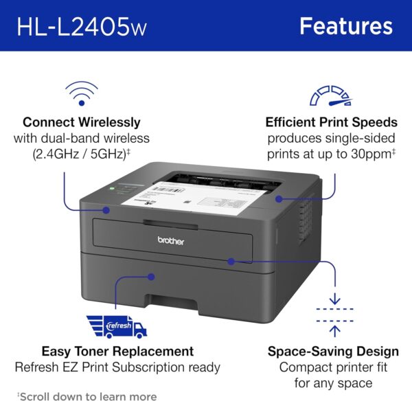 Brother HL-L2405W Wireless Compact Monochrome Laser Printer with Mobile Printing, Black & White Output | Includes Refresh Subscription Trial(1), Amazon Dash Replenishment Ready - Image 4