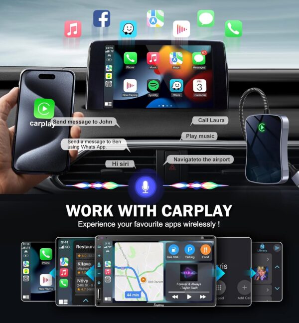 Wireless Carplay Adapter Apple Carplay Wireless Adapter Convert Wired to Wireless 2024 Upgrade Plug & Play Auto Connect Fast Easy Use Fit for Factory Wired Carplay Cars from 2015 & iPhone iOS 10+ - Image 5