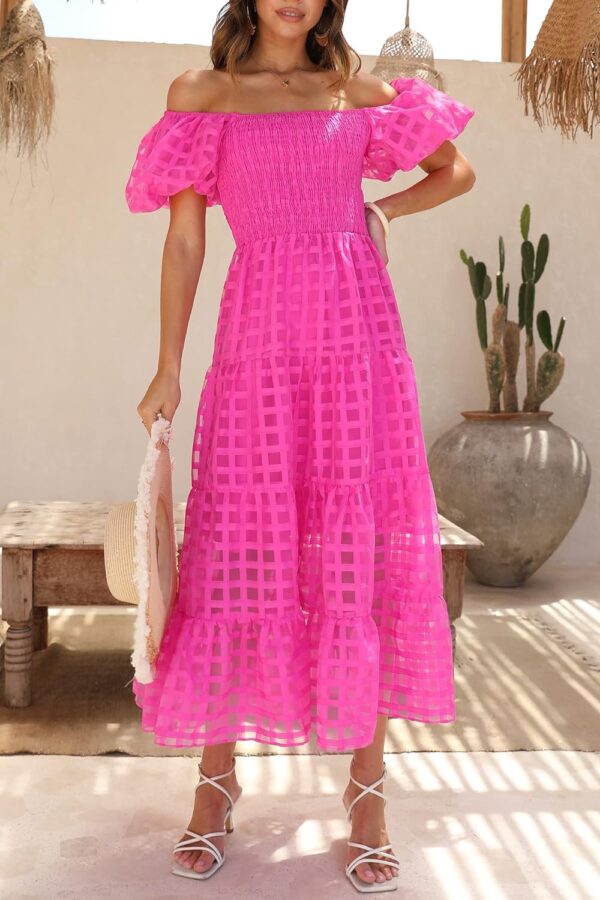 Pretty Garden Womens Summer Puffy Short Sleeve Square Neck Smocked Tiered Ruffle Midi Dress - Image 4