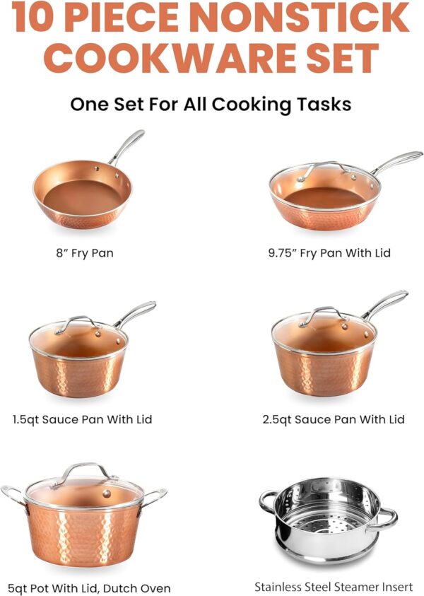 Gotham Steel Hammered Copper 10 Pc Pots and Pans Set Non Stick Cookware Set, Non Toxic Ceramic Cookware Set, Kitchen Cookware Sets with Induction Cookware, Pot and Pan Set, Oven/Dishwasher Safe - Image 3