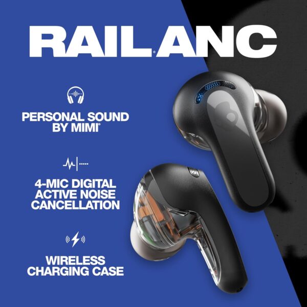 Skullcandy Rail ANC In-Ear Noise cancelling Wireless Earbuds, 27 Hr Battery, Microphone, Works with iPhone Android and Bluetooth Devices - True Black - Image 3