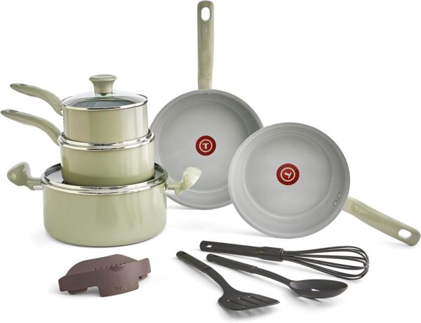 T-fal Recycled Ceramic Nonstick Cookware Set 12 Piece, Oven Safe 350F, Pots and Pans, Fry Pan, Kitchen tools, Green - Image 2