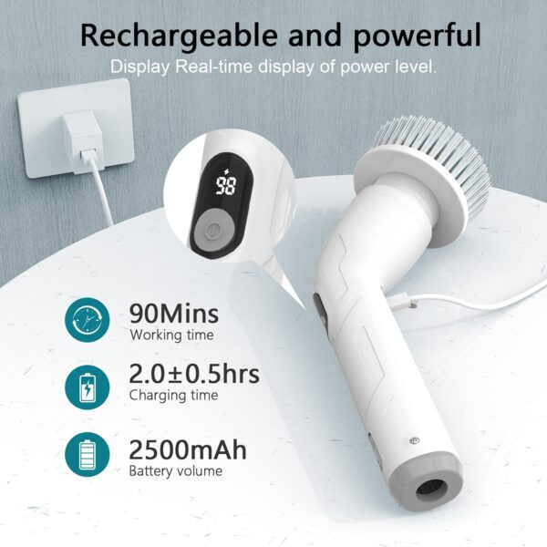 TUYU Electric Spin Scrubber, 2024 New Full-Body IPX7 Waterproof Bathroom Scrubber with Power LCD Display, Adjustable Extension Handle, Cordless Electric Cleaning Brush for Bathroom, Kitchen Cleaning - Image 7