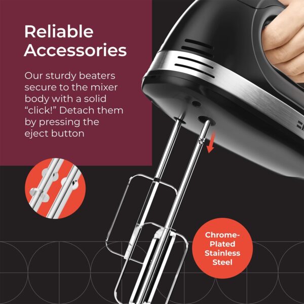 Mueller Electric Hand Mixer, 5 Speed with Snap-On Case, 250 W, Turbo Speed, 4 Stainless Steel Accessories, Beaters, Dough Hooks, Baking Supplies for Whipping, Mixing, Cookies, Bread, Cakes, Black - Image 6