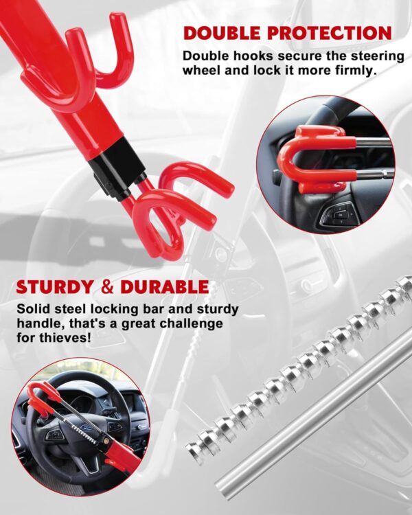 Tevlaphee Steering Wheel Lock Anti-Theft Car Device Heavy Duty Security Car Lock Antitheft Locking Devices Great Deterrent Adjustable Car Wheel Lock Anti Theft for Vehicle Truck SUV with 3 Keys (Red) - Image 8