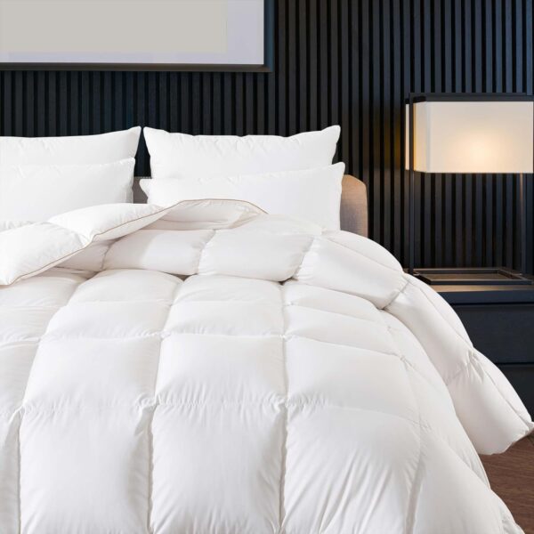 WhatsBedding Puffy White Goose Feather Down Comforter Queen Size, Feather Down All Season Duvet Insert, 100% Cotton Luxury Hotel Collection, 4 Corner Loops, Gold Piping, 90x90 in - Image 4