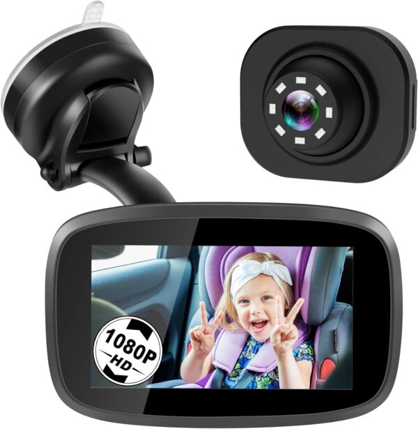 1080P Baby Car Mirror, Shybaby 4.3'' Baby Car Camera Monitor 170° Wide View, HD Night Vision Function and Reusable Sucker Bracket, Safety Rear Facing Car Set Camera Infants Kids Toddlers Black - Image 2