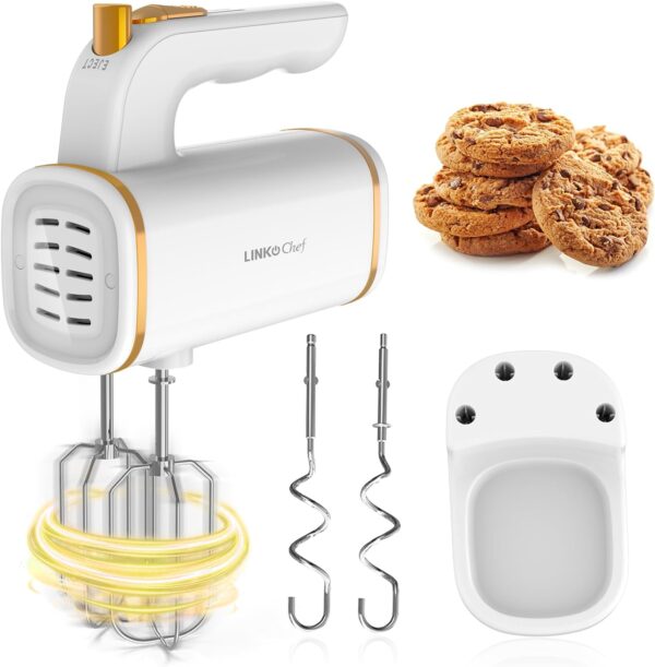 LINKChef Electric Hand Mixer for Baking 450W, 5 Speed Hand Held Mixers Kitchen Electric with Storage Case, Hand Mixer with Dough Hooks and Beaters, Eject and Turbo Mode, White - Image 2