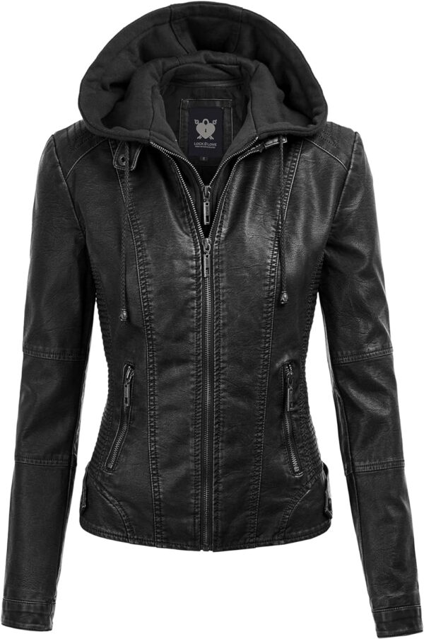 Lock and Love Women's Removable Hooded Faux Leather Jacket Moto Biker Coat - Image 2