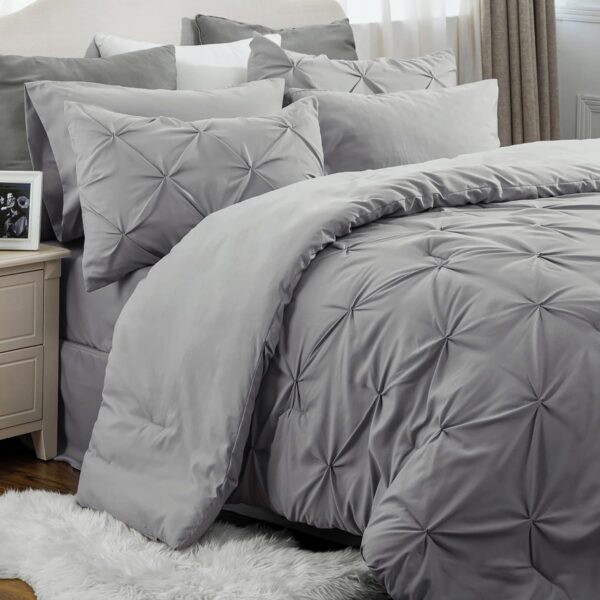 Bedsure Queen Comforter Set - 7 Pieces Comforters Queen Size Grey, Pintuck Bedding Sets Queen for All Season, Bed in a Bag with Flat Sheet and Fitted Sheet, Pillowcases & Shams - Image 2