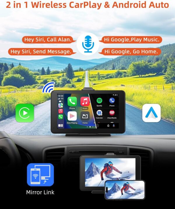 cogamichi Portable Apple Carplay & Android Auto with 1080P Backup Camera, Car Screen x7 Inch HD IPS Touch Carplay Screen for Car Plug in, Car Play Dash Mount with AUX, FM, Siri, GPS Navigation - Image 3