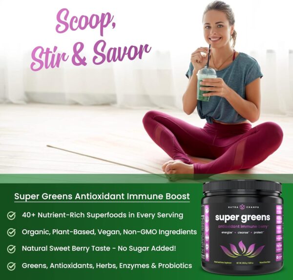 Super Greens Powder Premium Antioxidant Superfood | Organic Greens Fruit and Veggie Vegan Supplement | 40+ Greens and Superfoods Including Wheatgrass & Spirulina | Probiotic Powder Greens, Sweet Berry - Image 6