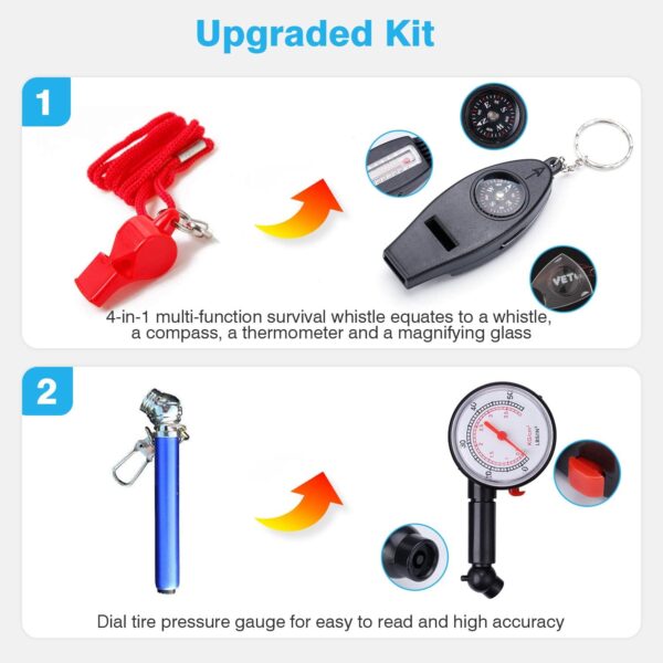 Vetoos Roadside Emergency Car Kit with Jumper Cables, Auto Vehicle Safety Road Side Assistance Kit Essentials, Winter Car Kit for Women and Men, with Mini Car Tool Set, Dial Tire Pressure Gauge - Image 6