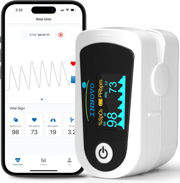 2024 Innovo iP900B Bluetooth Premium Fingertip Pulse Oximeter Blood Oxygen Saturation Monitor with Plethysmograph and Perfusion Index (White) - Image 2