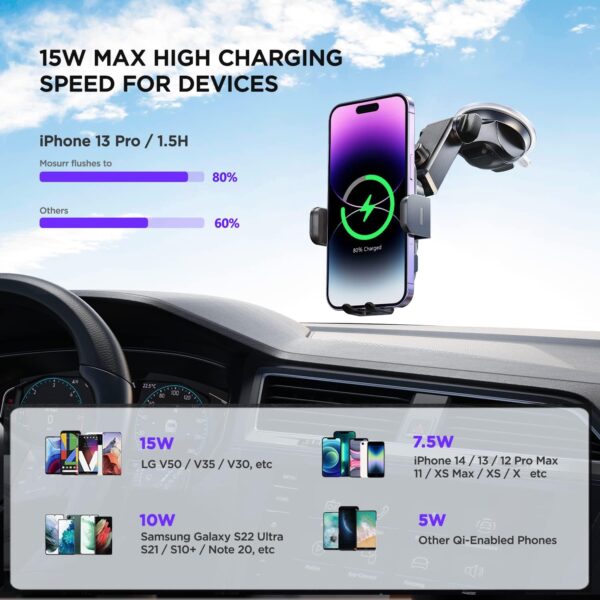 Wireless Car Charger,【7 Colored RGB Backlit】Mosurr 15W Auto Clamping Car Charger Phone Mount Holder fit for iPhone 15 14 13 12 Mini Pro Max 11 XR XS, Samsung Galaxy S24 Ultra S23 S22 S21+ Note 20, etc - Image 4