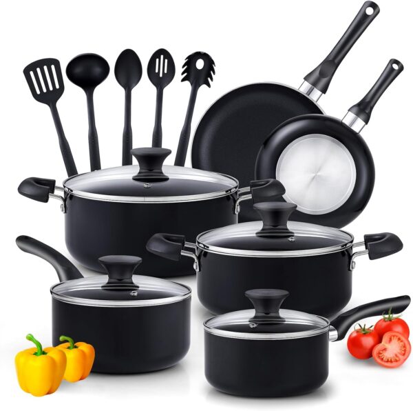 Cook N Home Basics Pots and Pans Cooking, 15-Piece Nonstick Cookware Set, Black - Image 2