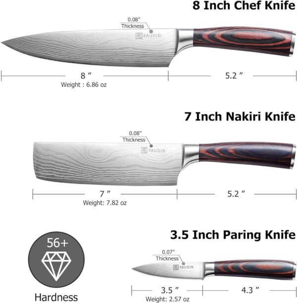 PAUDIN Kitchen Knife Set, 3 Piece High Carbon Stainless Steel Professional Chef Knife Set with Ultra Sharp Blade & Wooden Handle (Kitchen Knife Set 3 Pcs) - Image 3