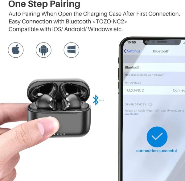 TOZO NC2 Hybrid Active Noise Cancelling Wireless Earbuds, in-Ear Detection Headphones, IPX6 Waterproof Bluetooth 5.3 Stereo Earphones, Immersive Sound Premium Deep Bass Headset Matte Black - Image 7