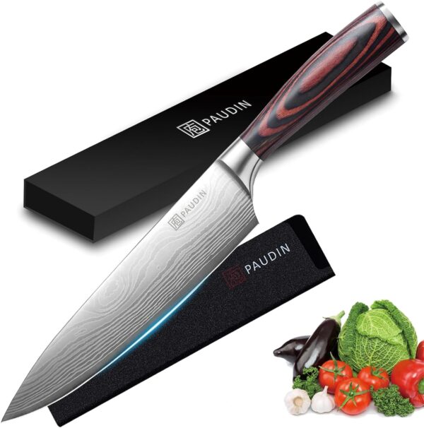 PAUDIN Chef Knife with Sheath- Pro Kitchen Knife 8 Inch Chef's Knives with High Carbon Stainless Steel, Sharp Knife with Ergonomic Handle for Home Kitchen Restaurant - Image 2