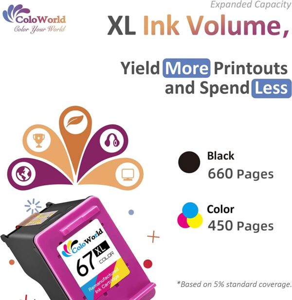 ColoWorld 67XL Ink Cartridges Black/Color Combo Pack for HP Ink 67 HP67 Use for DeskJet 2734e 4133e 4155e 2755e 2700 2855e 4255e 4100 2752e Envy 6000 6055e 6400 6455e 6458e Printer - Image 9