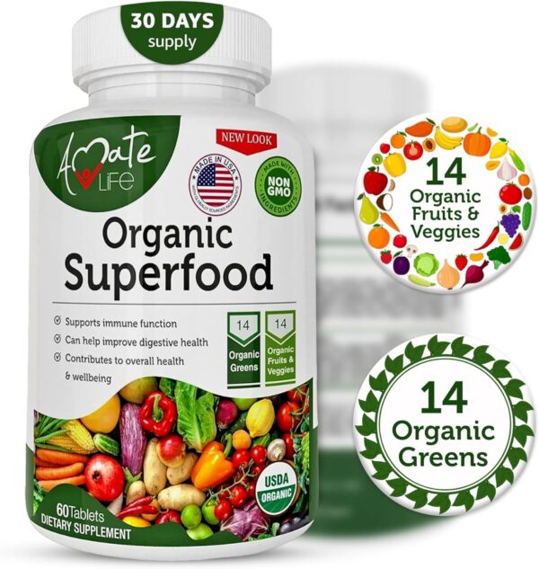 Organic Superfood Greens Fruits and Veggies Complex - Best Dietary Supplement with 14 Greens and 14 Fruits & Vegetables with Alfalfa Rich in Antioxidants Organic Ingredients Non-GMO 60 Tablets - Image 2