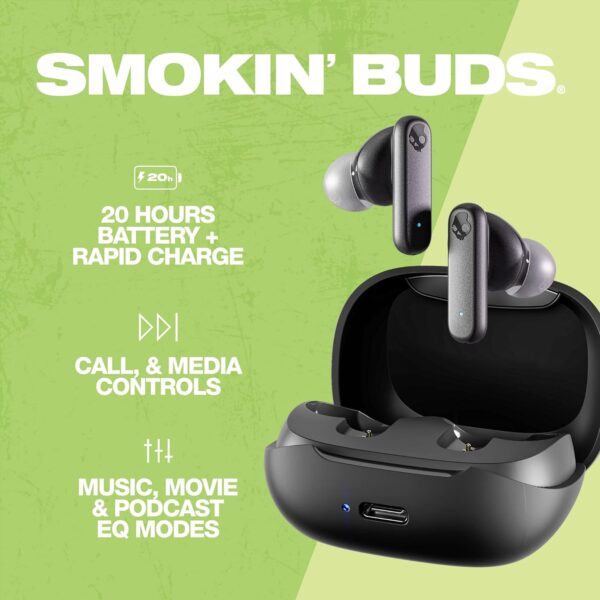 Skullcandy Smokin' Buds In-Ear Wireless Earbuds, 20 Hr Battery, 50% Renewable Plastics, Microphone, Works with iPhone Android and Bluetooth Devices - Black - Image 3