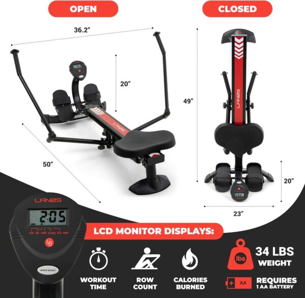 Lanos Hydraulic Rowing Machine | Adjustable Resistance | Rowing Machines for Home Use | LCD Monitor | Compact for Home Workout | Tone Muscle Improve Heart Health - Image 4