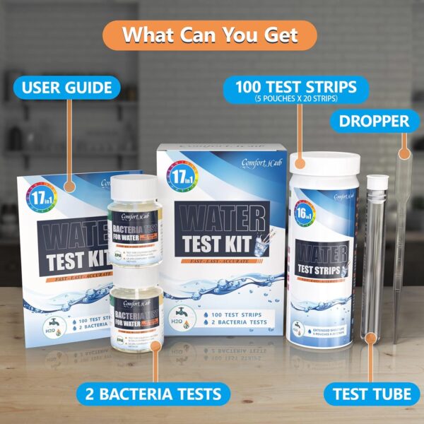 17 in 1 Water Testing Kits for Drinking Water - Water Test Kit - Tap Well Home Water Quality Test - 100 Strips + 2 Bacteria Tests - Easy Testing for pH Lead Hardness Iron Copper E.coli and More! - Image 3