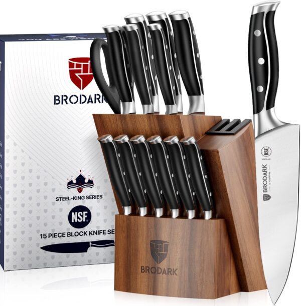 BRODARK Kitchen Knife Set with Block, Full Tang 15 Pcs Professional Chef Knife Set with Knife Sharpener, Food Grade German Stainless Steel Knife Block Set, Steel-king Series, with Gift Box - Image 2