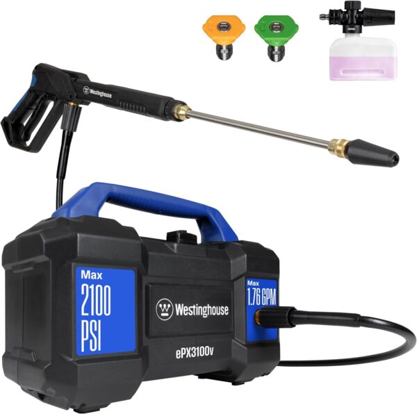 Westinghouse ePX3100v Electric Pressure Washer, 2100 Max PSI 1.76 Max GPM, Built-in Carry Handle, Detachable Foam Cannon, Pro-Style Steel Wand, 4-Nozzle Set, for Cars/Fences/Driveways/Home/Patios - Image 2