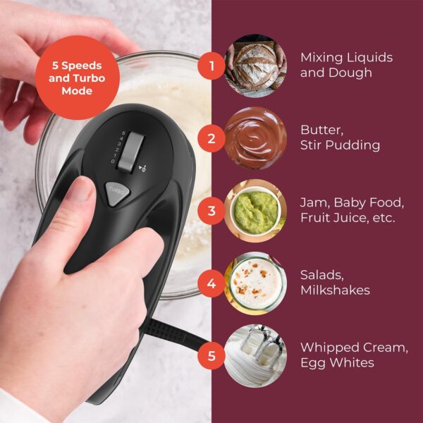 Mueller Electric Hand Mixer, 5 Speed with Snap-On Case, 250 W, Turbo Speed, 4 Stainless Steel Accessories, Beaters, Dough Hooks, Baking Supplies for Whipping, Mixing, Cookies, Bread, Cakes, Black - Image 5