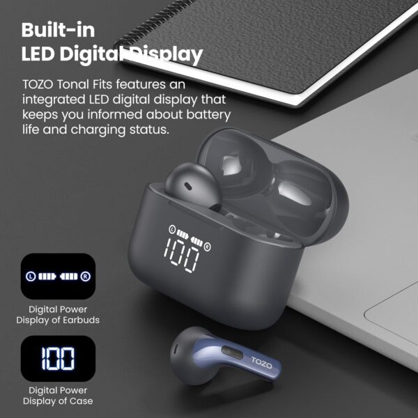 TOZO T21 Wireless Earbuds, 5.3 Bluetooth Headphone, Sem in Ear with Dual Mic Noise Cancelling, IPX8 Waterproof, 44H Playback Stereo Sound with Power Display Wireless Charging Case Blue - Image 3