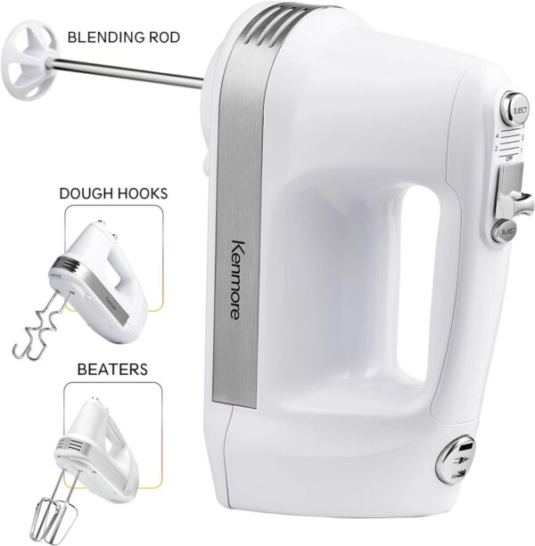 Kenmore 5-Speed Electric Hand Mixer/Blender, 250 Watts, with Beaters, Dough Hooks, Liquid Blending Rod, Automatic Cord Retract, Burst Control, and Clip-On Accessory Storage - Image 4