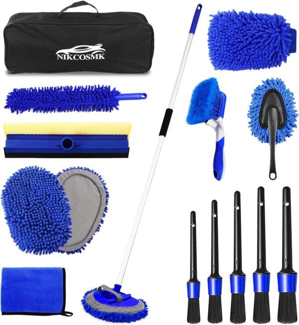 62'' Car Wash Brush Kit Mitt Mop Sponge with Long Handle, 1 Chenille Scratch-Free Replacement Head, Windshield Window Squeegee,Car Duster,Car Detailing Brushes,Tower,Car Cleaning Kit for Cars RV Truck - Image 2