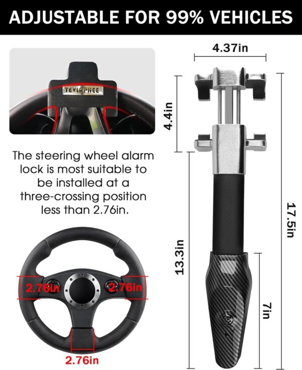 Tevlaphee Steering Wheel Lock with Alarm,Heavy Duty Anti-Theft Device Lock Vehicle Truck Van SUV Security with 2 Keys Black - Image 3