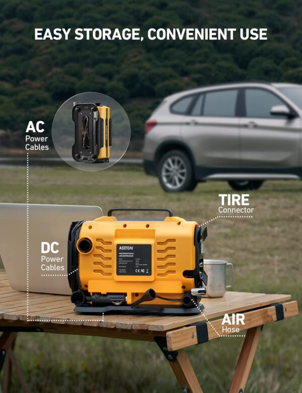 AstroAI Tire Inflator Portable Air Compressor Pump 150PSI 12V DC/110V AC with Dual Metal Motors &LED Light， Automotive Car Accessories&Two mode for car, bicycle tires and air mattresses, Yellow - Image 8