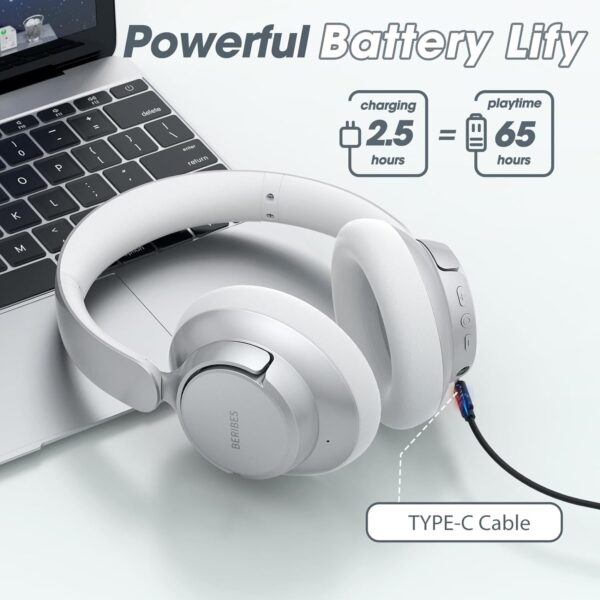 BERIBES Hybrid ANC Bluetooth Headphones with 65H Playtime, Transparent Mode, Deep Bass, Fast Charging - Silver - Image 5