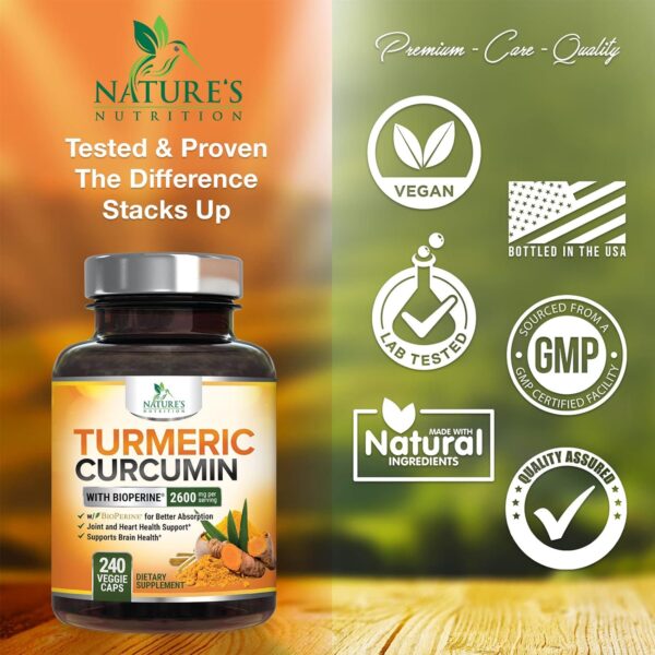 Turmeric Curcumin Supplement with BioPerine 95% Curcuminoids 2600mg with Black Pepper for Best Absorption, Bottled in USA, Best Natural Vegan Joint Support, Nature's Tumeric Capsules - 240 Capsules - Image 5