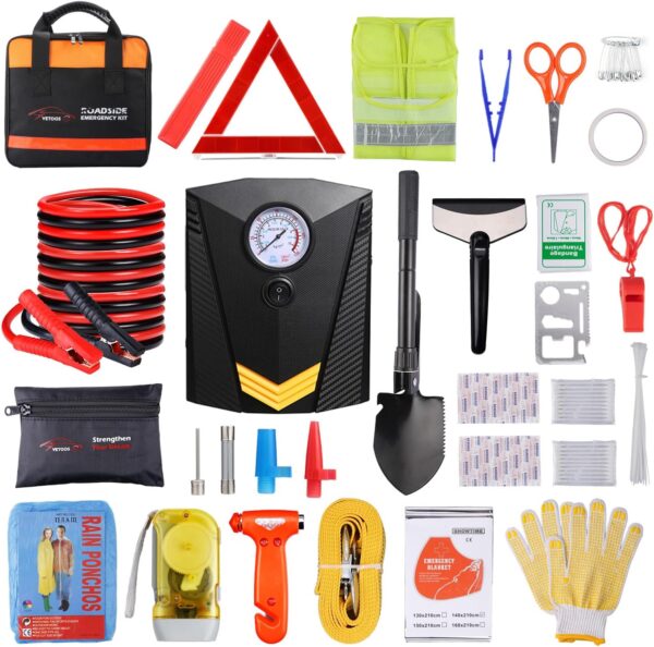 Vetoos Car Roadside Emergency Kit with Jumper Cables, Auto Vehicle Safety Road Side Assistance Kits, Winter Car Kit Essentials for Women and Men, with Portable Air Compressor, Folding Survival Shovel - Image 2