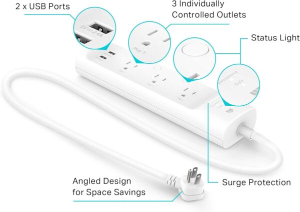 Kasa Smart Plug Power Strip KP303, Surge Protector with 3 Individually Controlled Smart Outlets and 2 USB Ports, Works with Alexa & Google Home, No Hub Required , White - Image 4