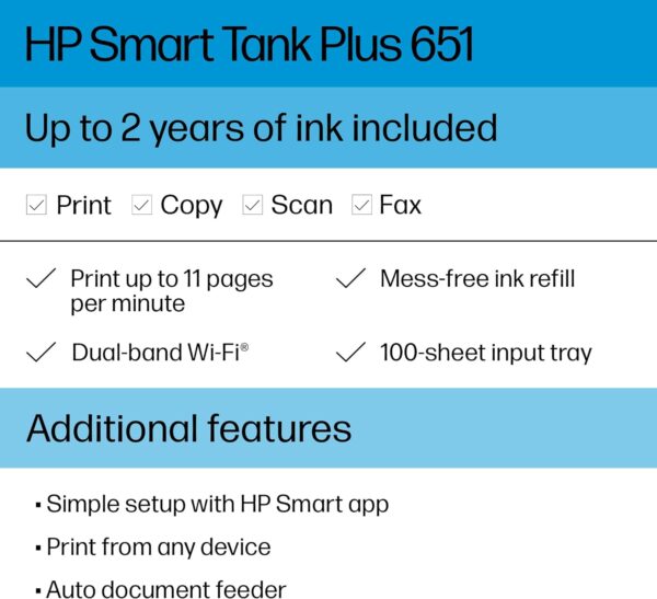 HP Smart -Tank Plus 651 Wireless All-in-One Ink -Tank Printer, up to 2 Years of Ink in Bottles, Auto Document Feeder, Mobile Print, Scan, Copy, Works with Alexa (7XV38A) - Image 3