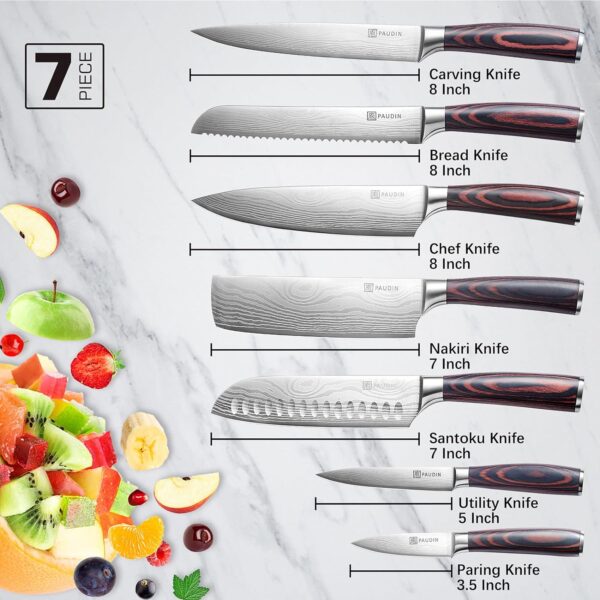 PAUDIN 7 Pieces Chef Knife Set, Professional Knives Set for Kitchen, Sharp High Carbon Stainless Steel Blade and Pakkawood Handle with Gift Box - Image 3