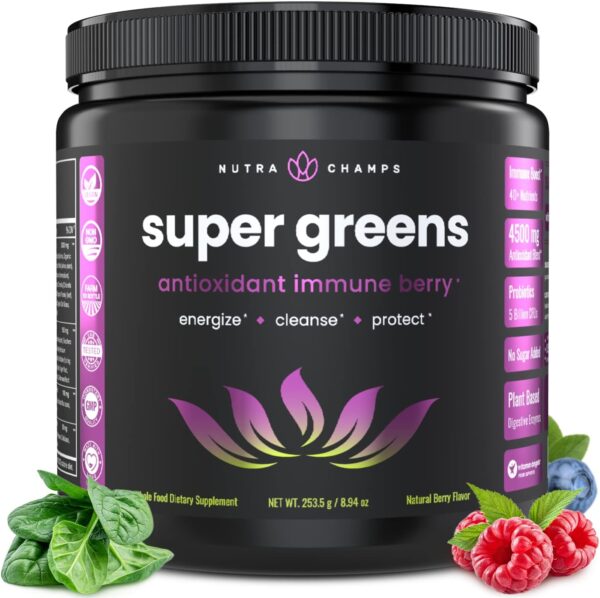 Super Greens Powder Premium Antioxidant Superfood | Organic Greens Fruit and Veggie Vegan Supplement | 40+ Greens and Superfoods Including Wheatgrass & Spirulina | Probiotic Powder Greens, Sweet Berry - Image 2