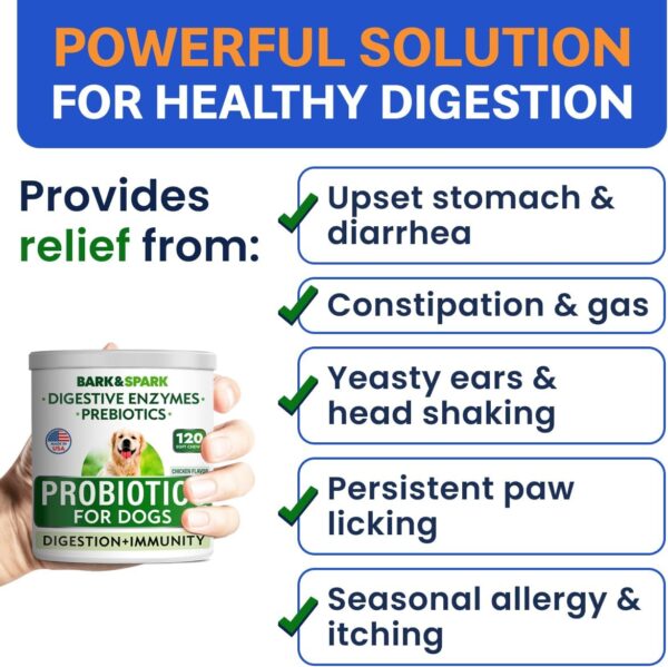 Bark&Spark Dog Probiotics & Digestive Enzymes (Gut Health) Allergy & Itchy Skin - Pet Diarrhea Gas Treatment Upset Stomach Relief, Digestion Health Prebiotic Supplement Tummy Treat (120Ct Chicken) - Image 5