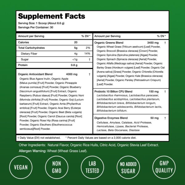 NutraChamps Super Greens Powder Premium Superfood | 20+ Organic Green Veggie Whole Foods | Wheat Grass, Spirulina, Chlorella & More | Antioxidant, Digestive Enzyme & Probiotic Blends - Image 3