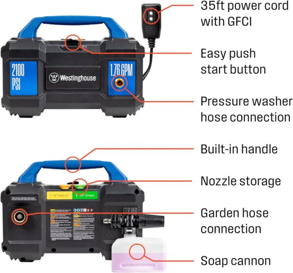 Westinghouse ePX3100v Electric Pressure Washer, 2100 Max PSI 1.76 Max GPM, Built-in Carry Handle & Universal 15” Pressure Washer Surface Cleaner Attachment - Image 5