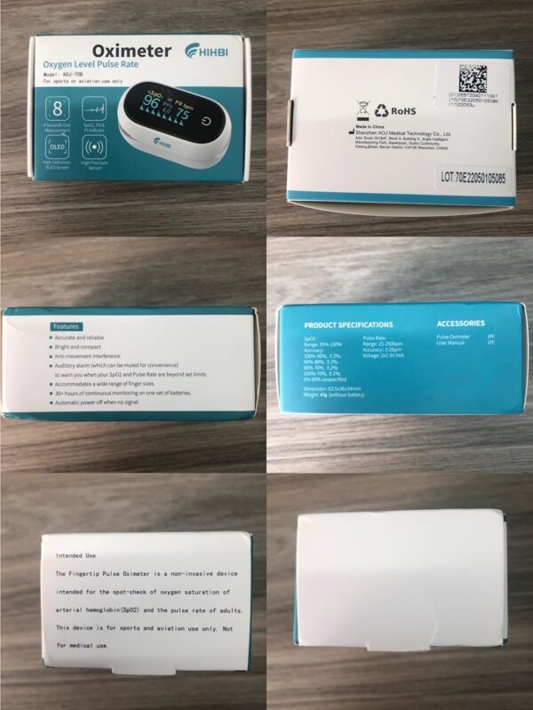 HIHBI AOJ-70B Pulse oximeter, blood oxygen meter finger (SpO2) with Plethysmograph and Perfusion Index, portable OLED color display and battery included. - Image 9