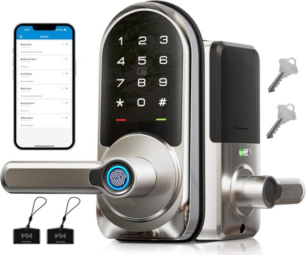 Veise Smart Lock, Keyless Entry Door Lock with Handle, APP Control Fingerprint Door Lock, 7-in-1 Smart Locks for Front Door, Electronic Digital Lock with Keypad, Front Door Lock Set, Satin Nickel - Image 2