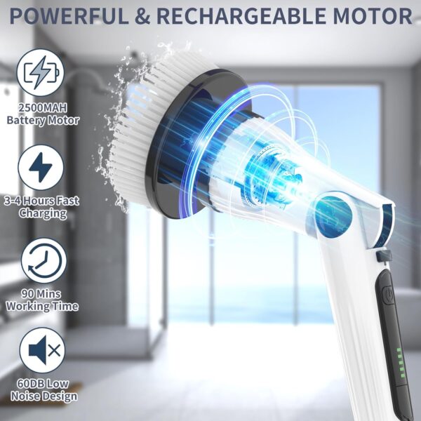 Electric Spin Scrubber, Cordless Shower Scrubber with 8 Replaceable Brush Heads, 2 Adjustable Speeds and 3 Extension Handle, 90Mins Work Time Shower Cleaning Brush for Bathroom Floor Tile Tub - Image 4